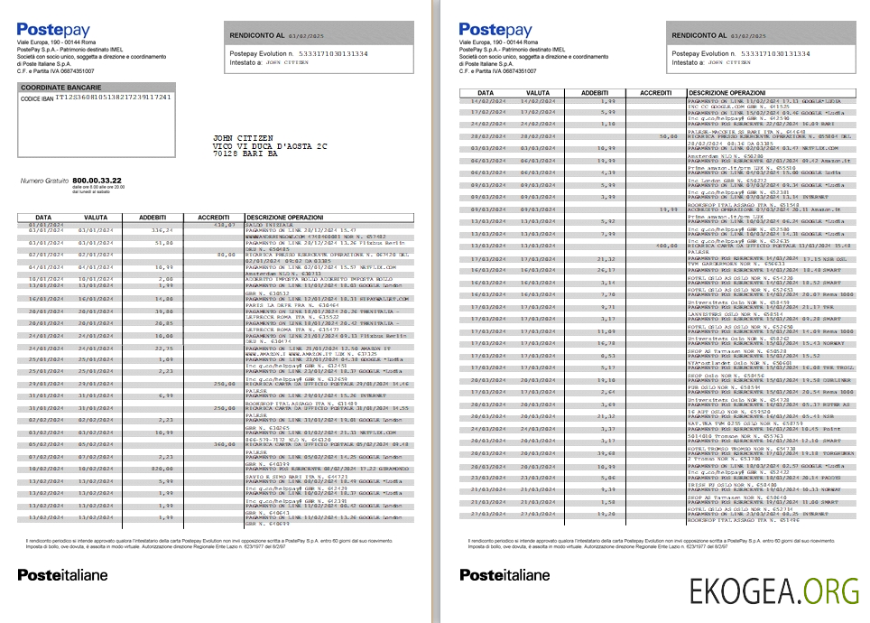 Modèle de relevé de carte Italie Postepay Evolution (Poste Italiane), 7 pages scr